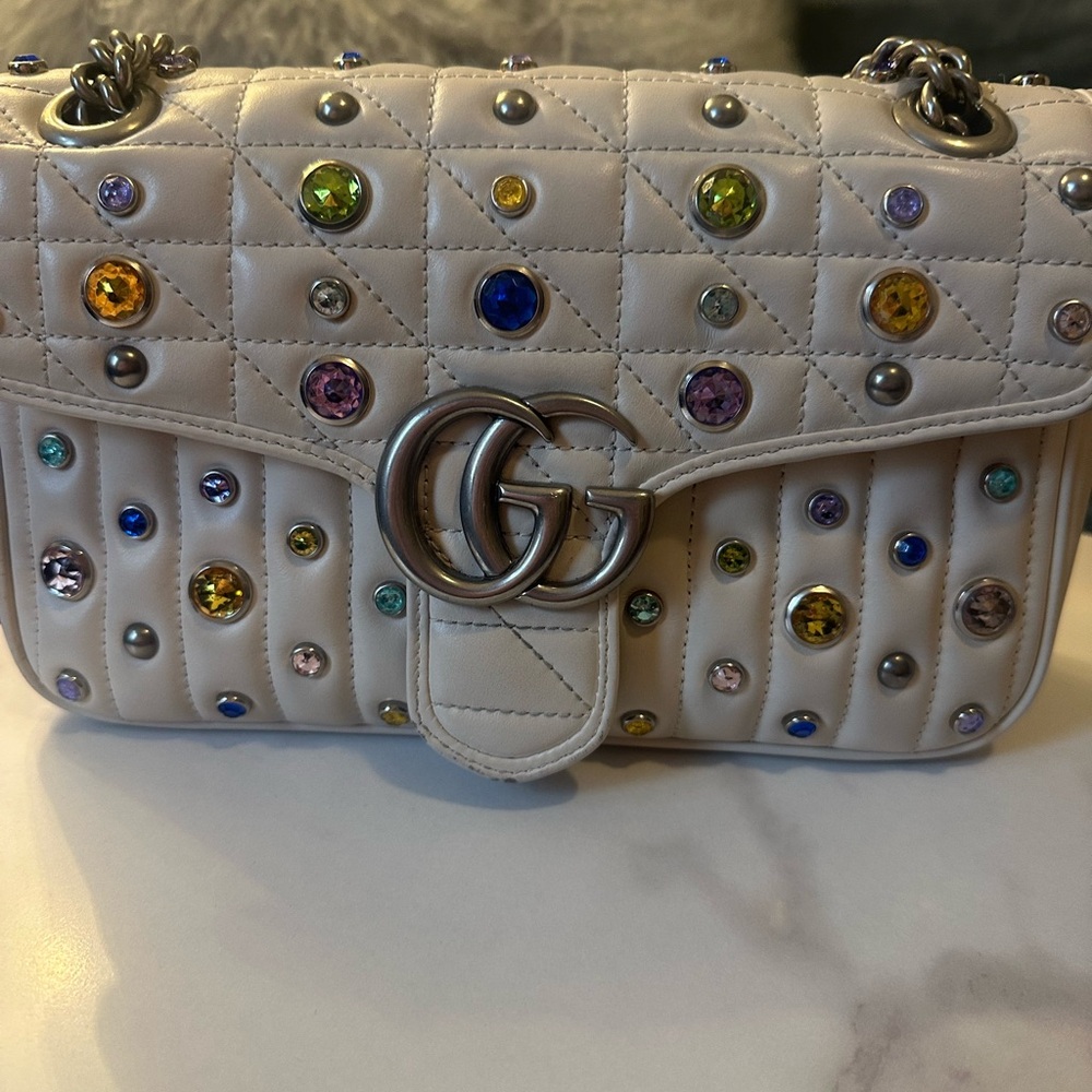 Authentic Gucci White Multicolor Quilted Medium Bag with Crystal Studs